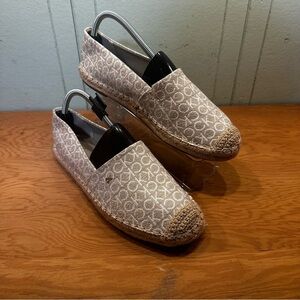 Calvin Klein Monogram Canvas Espadrille Flats – Beige Slip-On Women’s Shoes